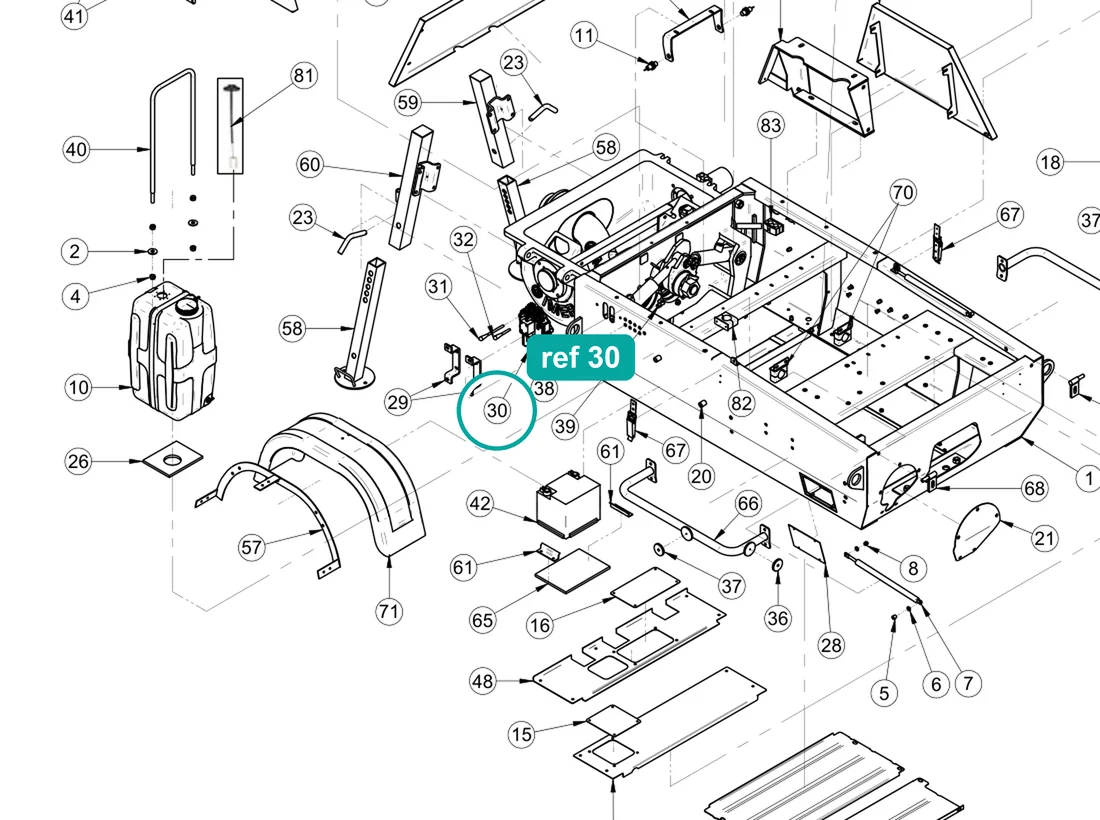 Distributor (ref 30) highlighted on the IMER Booster 15 parts diagram, Machine Frame and Bodywork – part 3229398