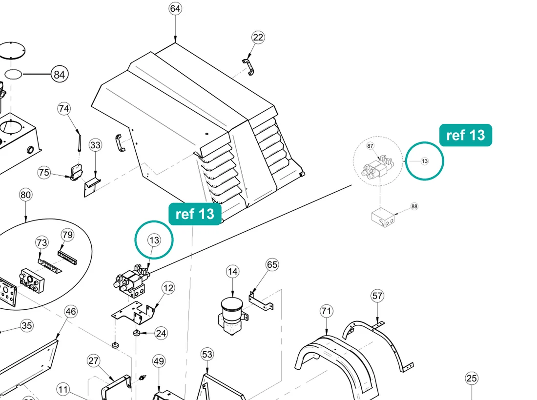 Solenoid valve (ref 13) highlighted on the IMER Booster 15 parts diagram, Machine Frame and Bodywork – part 3229488