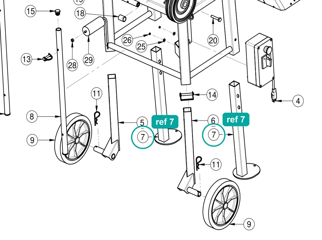 Front leg (ref 7) highlighted on the IMER Mortarman 120 Plus parts diagram, Machine Structure – part 3229566