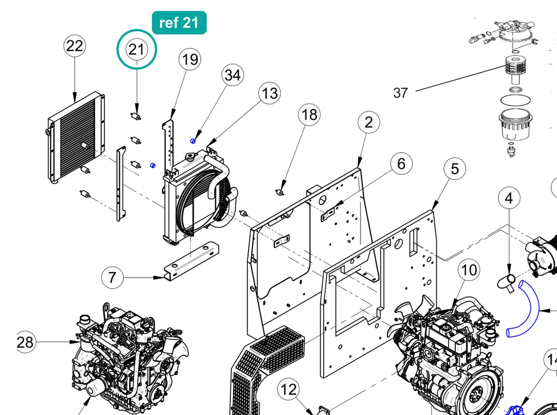 Vibration damper 25×35mm M6×18 (ref 21) highlighted on the IMER Booster 15 parts diagram, Engine and Hydraulic Pump Assembly – part 3229733