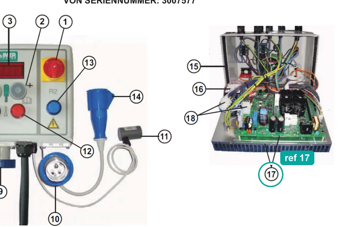 Inverter card small 50 115V (ref 17) highlighted on the IMER Small 50 parts diagram, Electrical Panel Small 50 115V 50-60Hz (3229672) – part 3230073