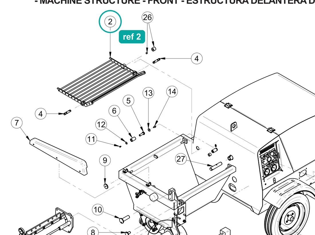 Hopper grille (ref 2) highlighted on the IMER Prestige 300 parts diagram, Machine Structure - Front – part 3230240