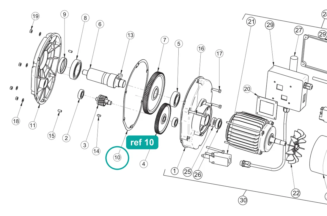 Gearbox gasket (ref 10) highlighted on the IMER Mix 60 Plus parts diagram, Gearmotor Assembly – part 3230256