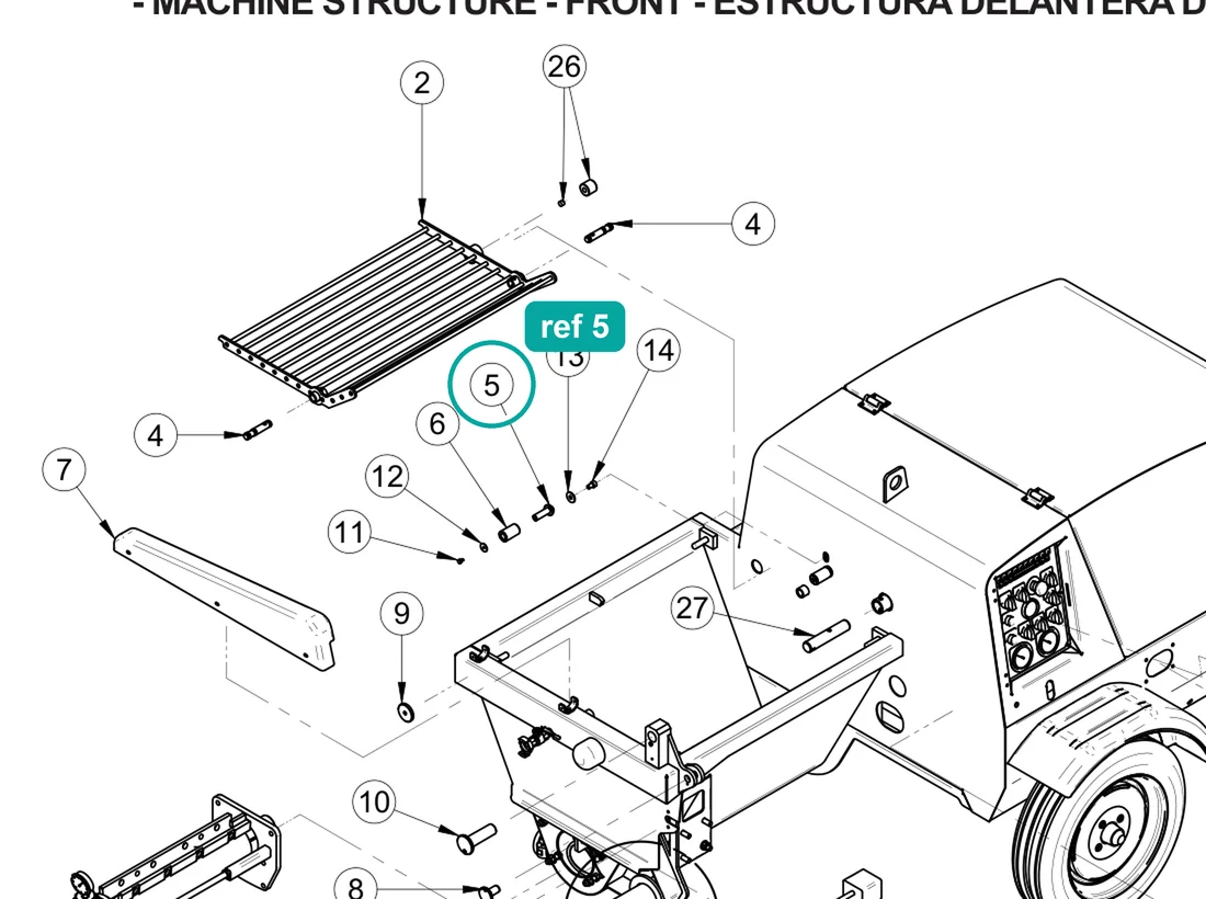 Pin (ref 5) highlighted on the IMER Prestige 300 parts diagram, Machine Structure - Front – part 3230269