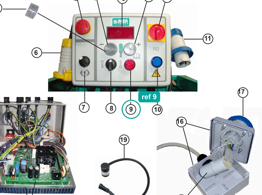 Lamp holder assembly red + LED 24 VDC (ref 9) highlighted on the IMER Step-Up 120 parts diagram, Electrical Panel Step 220V (3229670) – part 3230449
