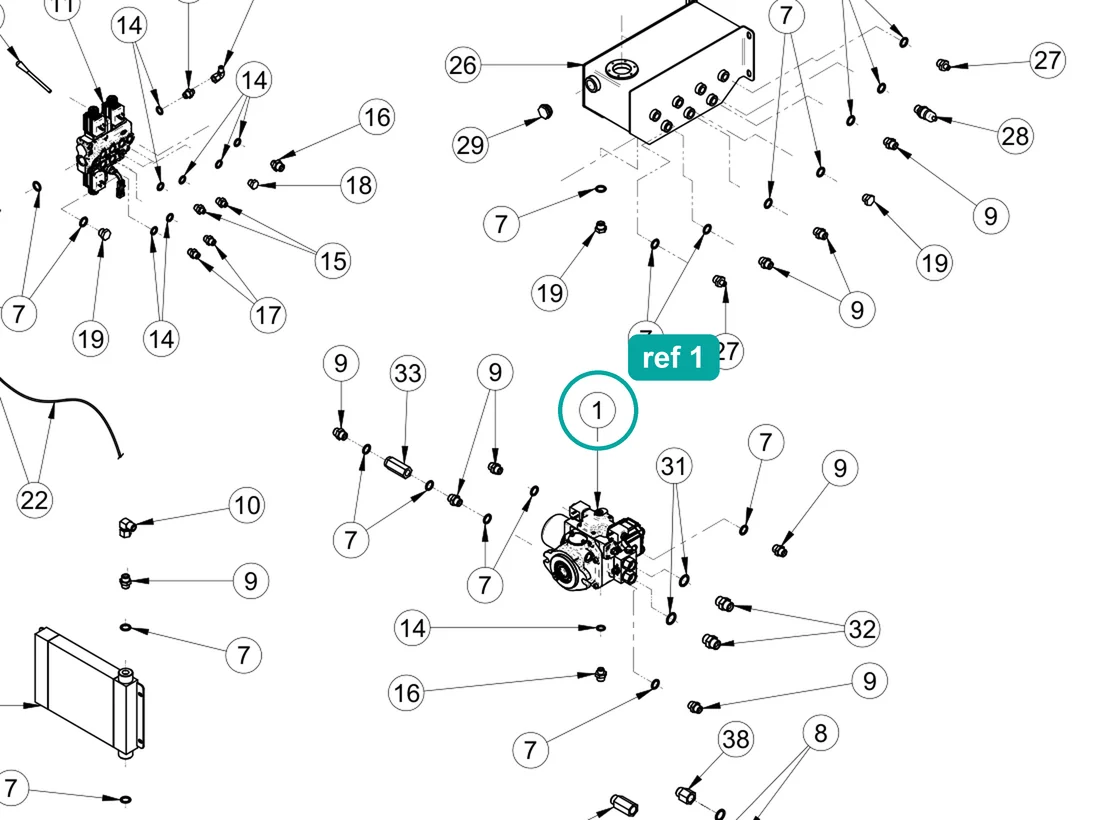 Piston pump (ref 1) highlighted on the IMER Prestige 300 parts diagram, Hydraulic System Connections Assembly – part 3230469