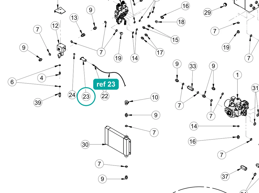 Accelerator cable mount (ref 23) highlighted on the IMER Prestige 300 parts diagram, Hydraulic System Connections Assembly – part 3230523