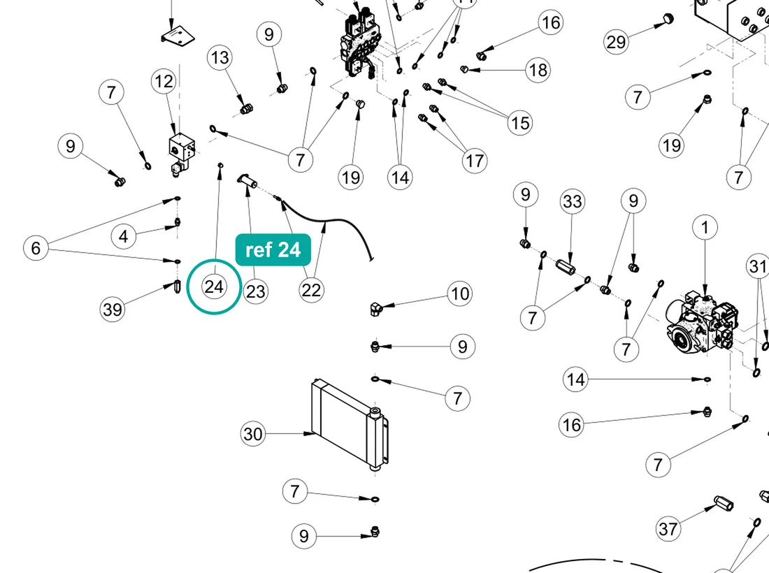Nut (ref 24) highlighted on the IMER Prestige 300 parts diagram, Hydraulic System Connections Assembly – part 3230536