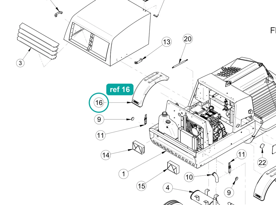 Mudguard LH (ref 16) highlighted on the IMER Prestige 300 parts diagram, Machine Structure - Rear – part 3230669