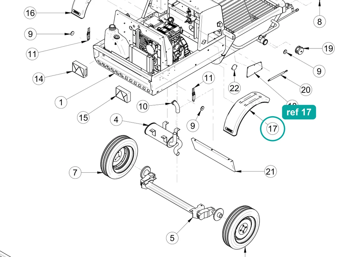 Mudguard RH (ref 17) highlighted on the IMER Prestige 300 parts diagram, Machine Structure - Rear – part 3230670