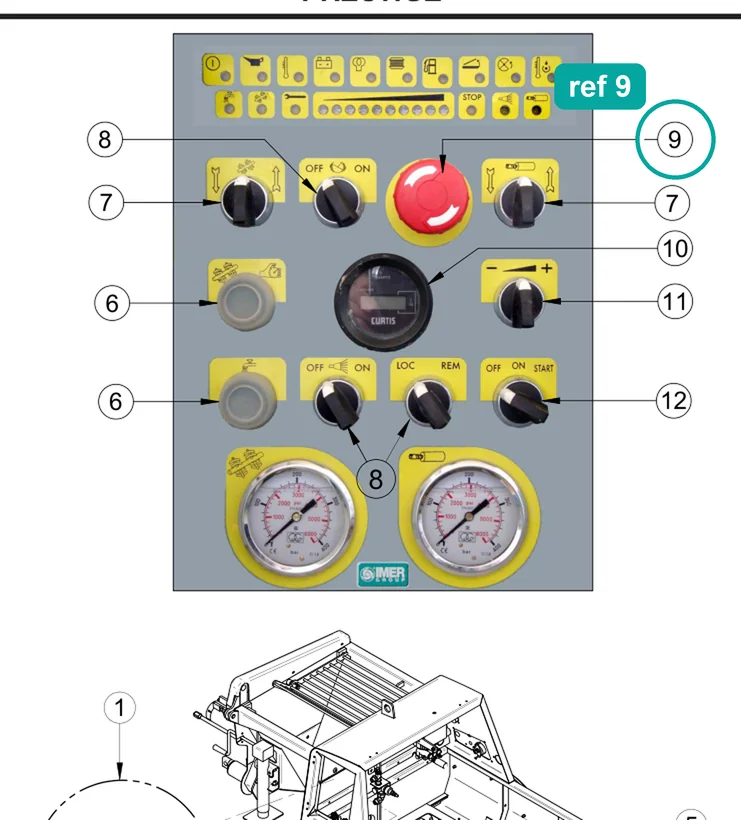 Emergency pushbutton + contacts, ref 9, on the IMER Prestige 300 drawing