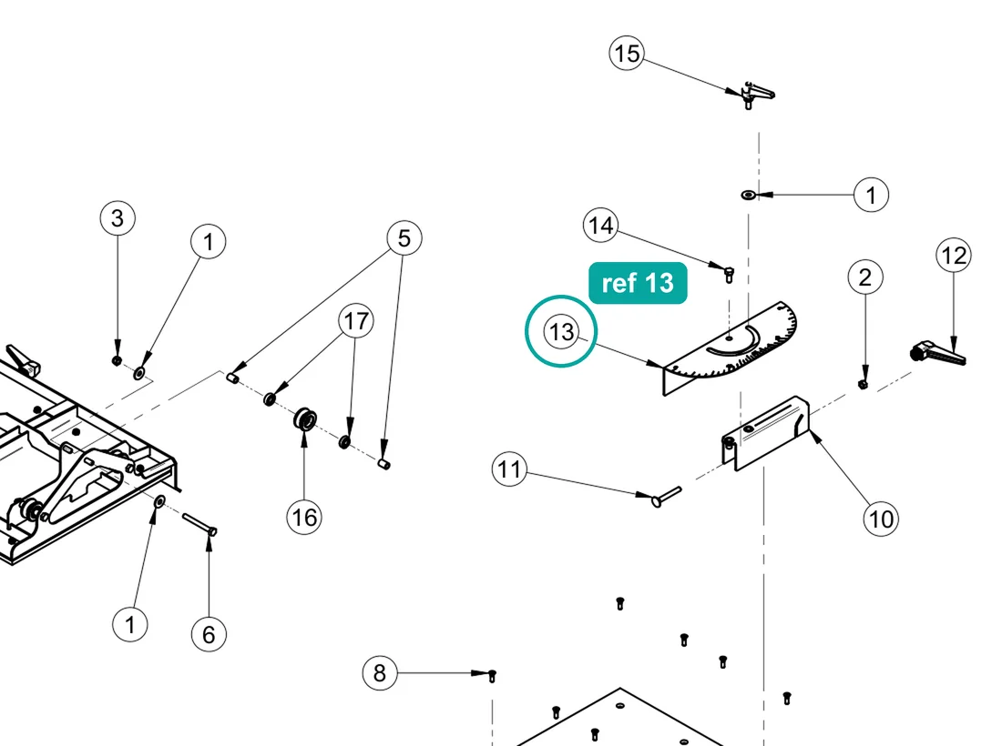 Goniometer (ref 13) highlighted on the IMER Masonry 350 Smart Cut parts diagram, Carriage – part 3230971