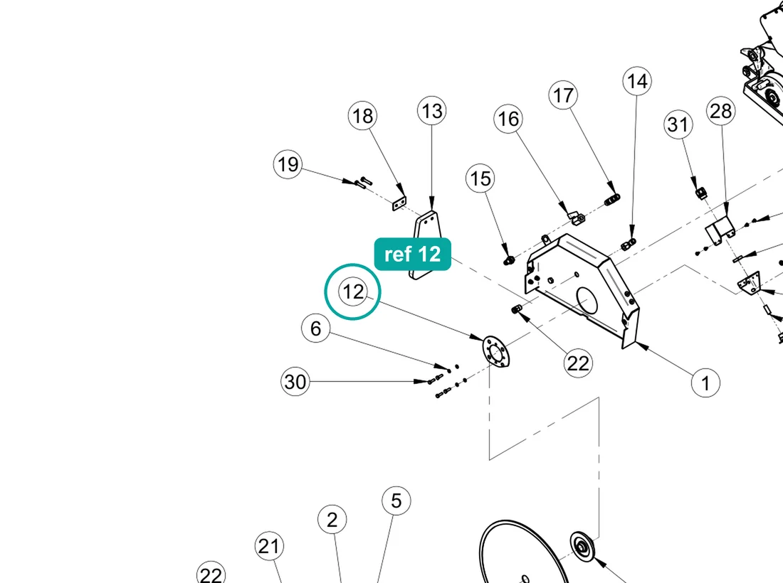Retainer ring (ref 12) highlighted on the IMER Combicut 350 iPower parts diagram, Disc Guard And Motor Assembly – part 3231431