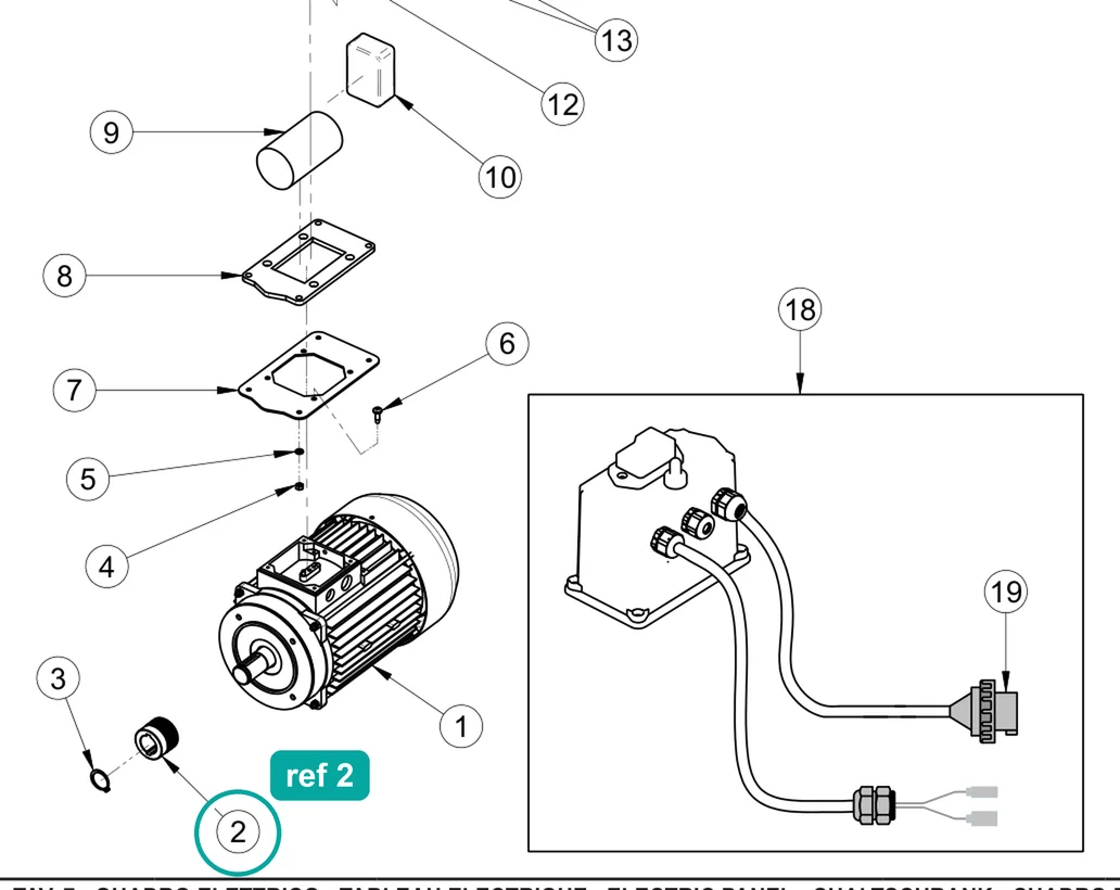 Motor pulley (ref 2) highlighted on the IMER Combicut 350 iPower parts diagram, Electric Panel – part 3231483