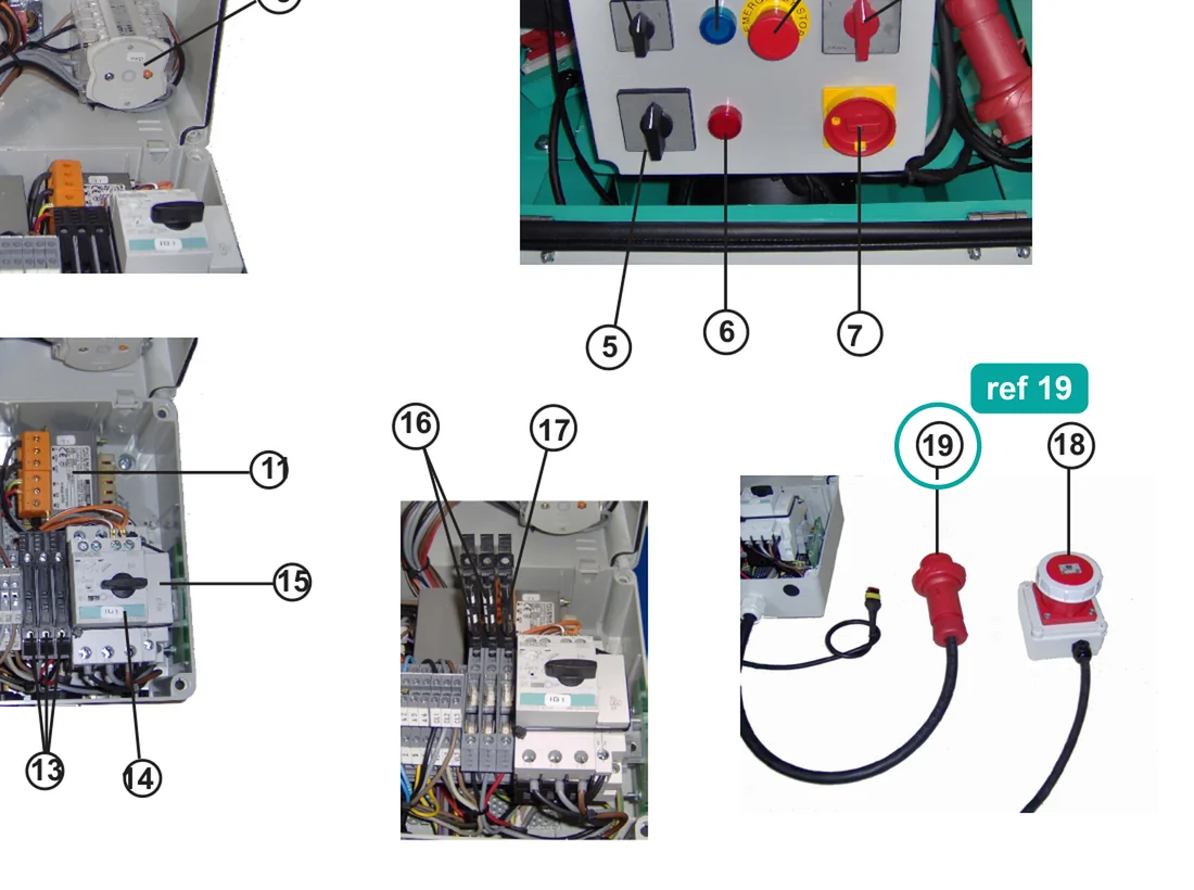 Plug 3P+T 9H 32A 220V (ref 19) highlighted on the IMER Step-Up 120 parts diagram, Electrical Panel 400V 50/60Hz / 220V 60Hz Three-Phase – part 3231649