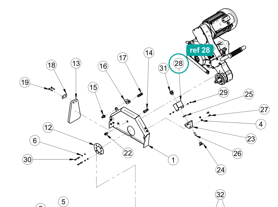 Laser support guard (ref 28) highlighted on the IMER Combicut 350 iPower parts diagram, Disc Guard And Motor Assembly – part 3231775