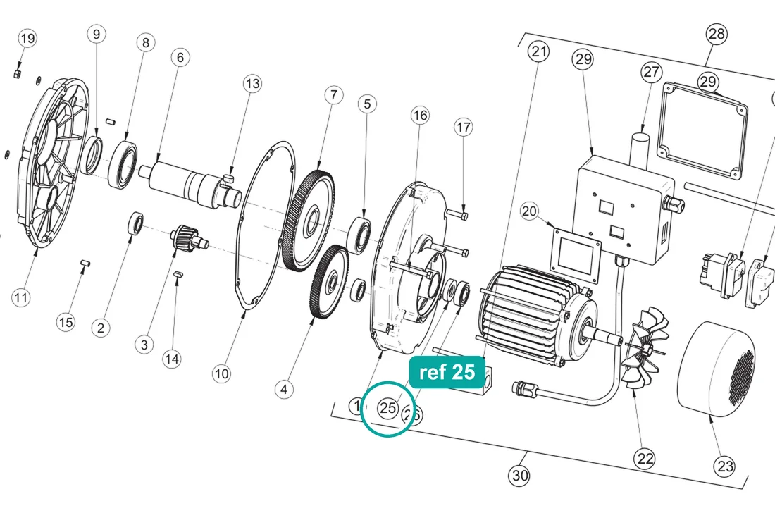 Oil seal 15×32×7 (ref 25) highlighted on the IMER Mix 60 Plus parts diagram, Gearmotor Assembly – part 3233059
