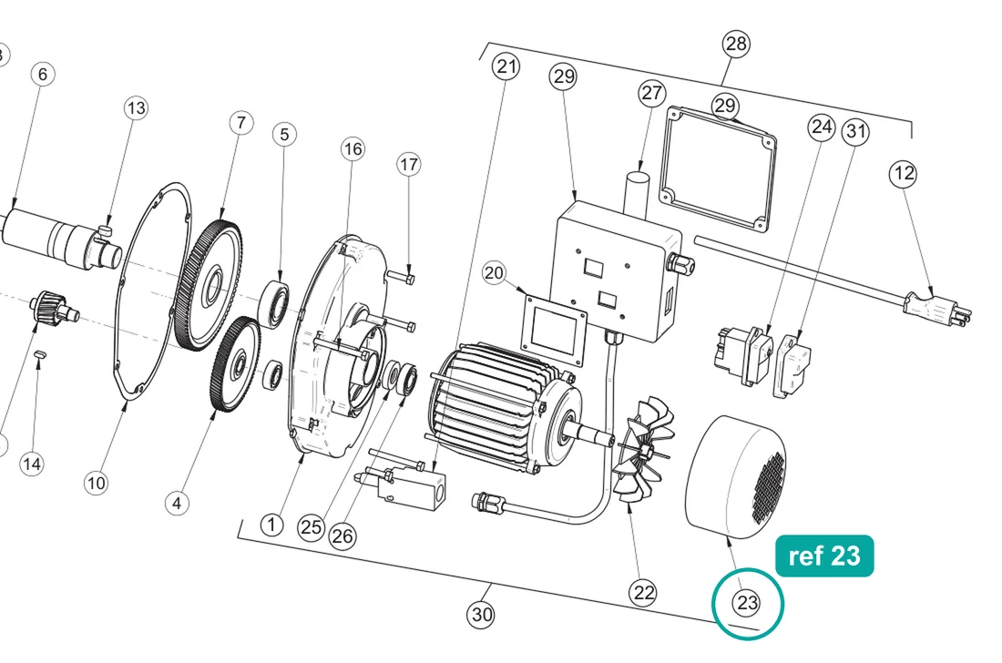 Fan cover (ref 23) highlighted on the IMER Mix 60 Plus parts diagram, Gearmotor Assembly – part 3233097