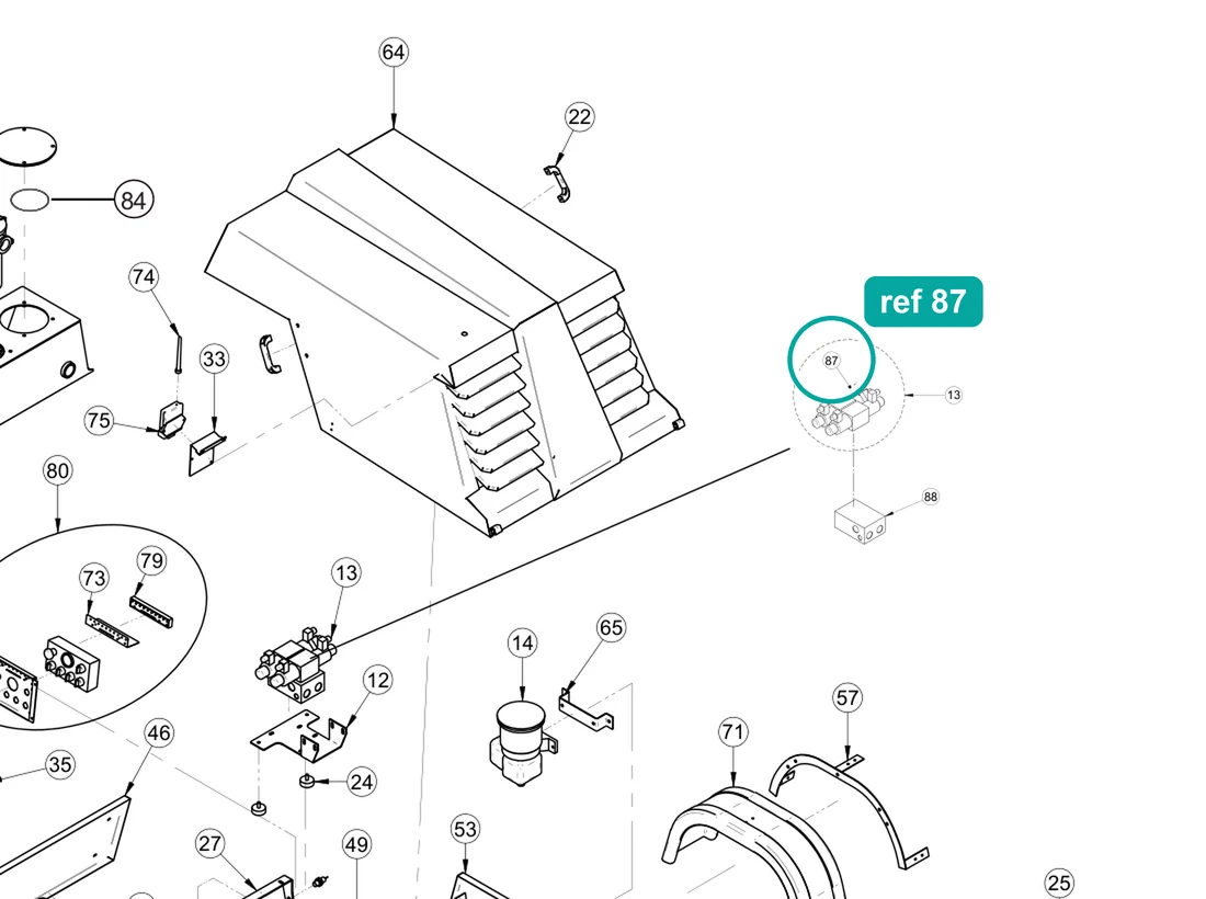 Solenoid valve coil (ref 87) highlighted on the IMER Booster 15 parts diagram, Machine Frame and Bodywork – part 3233769