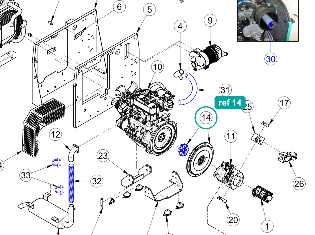 Coupling (ref 14) highlighted on the IMER Booster 15 parts diagram, Engine and Hydraulic Pump Assembly – part 3234109