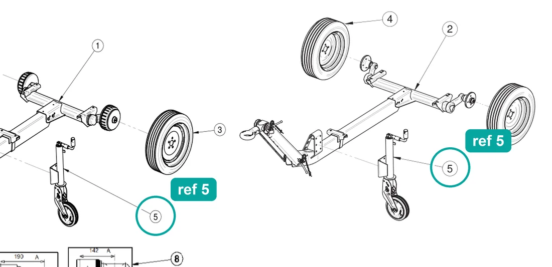 Jockey wheel (ref 5) highlighted on the IMER Booster 15 parts diagram, Axle – part 3234894
