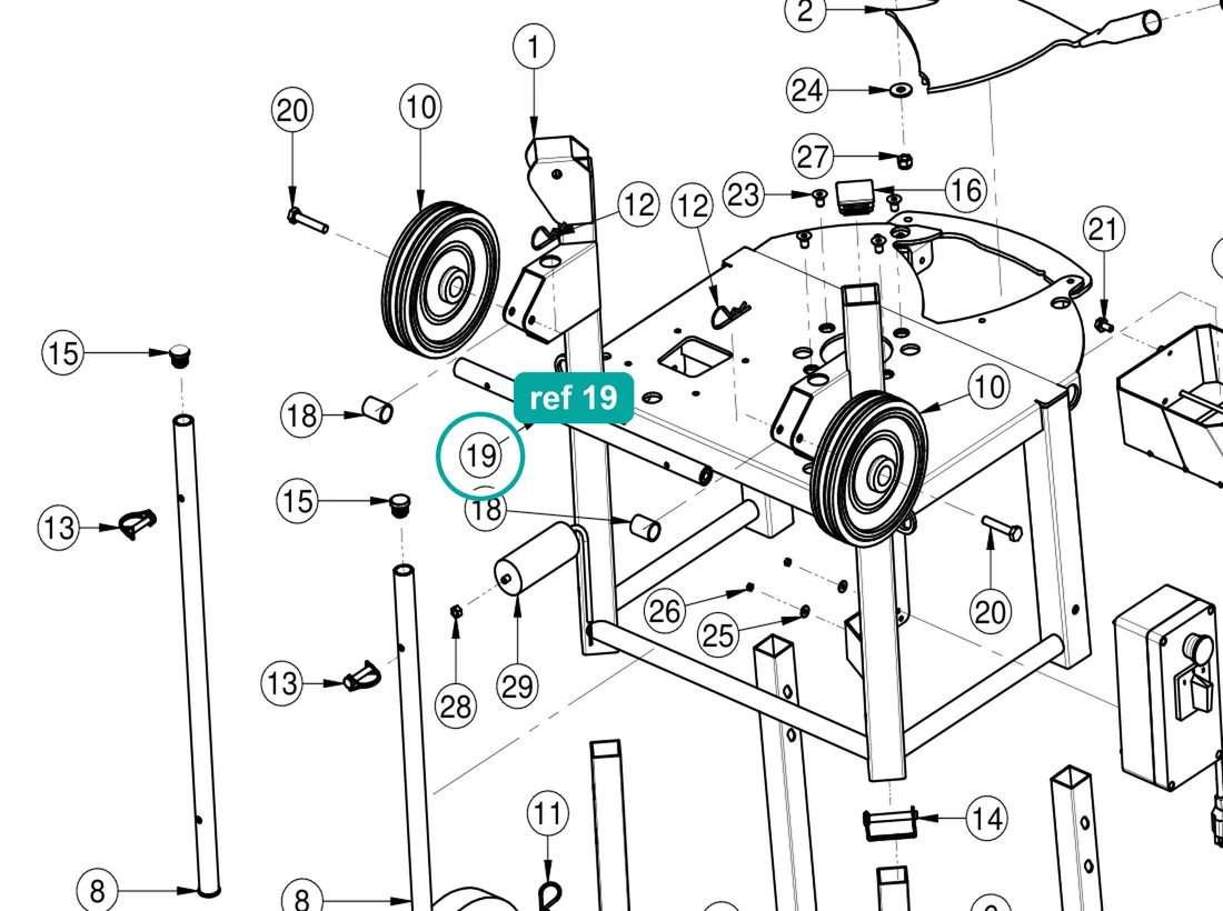 Axle (ref 19) highlighted on the IMER Mortarman 120 Plus parts diagram, Machine Structure – part 3235361