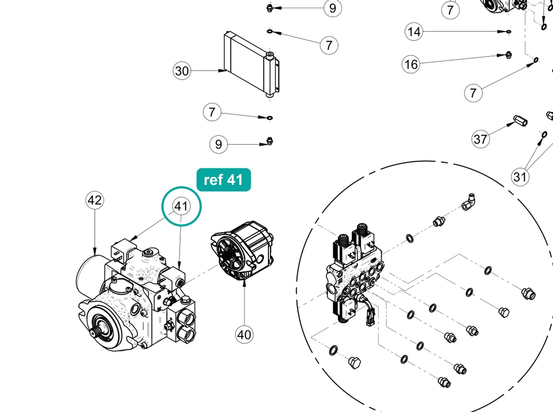 Solenoid valve coil (ref 41) highlighted on the IMER Prestige 300 parts diagram, Hydraulic System Connections Assembly – part 3236035
